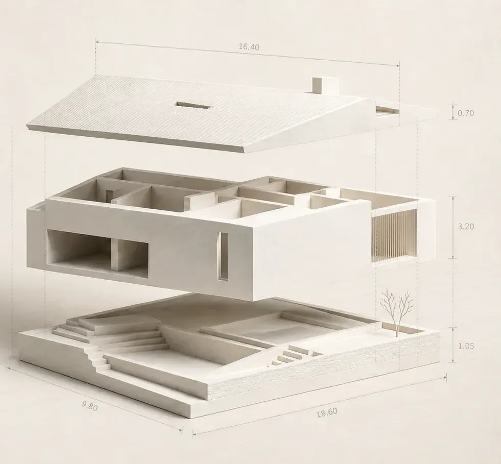 Uit elkaar genomen weergave van een architectuurmaquette