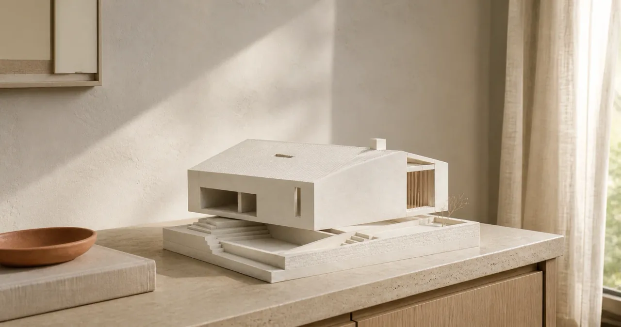 Een precieze witte architectuurmaquette in de rustige stijl van MyMaquette